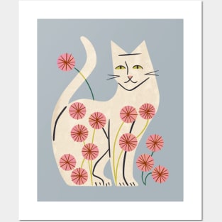 White Cat And Flowers Posters and Art